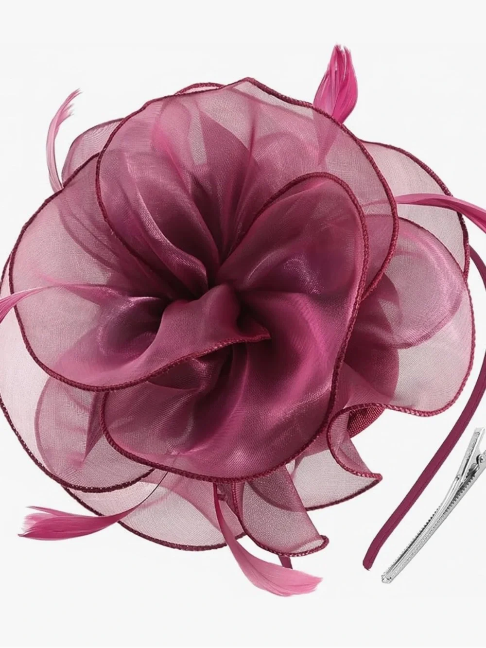 Elegant Plum Deep Purple Organza Feather Floral Fascinator Headpiece Headband